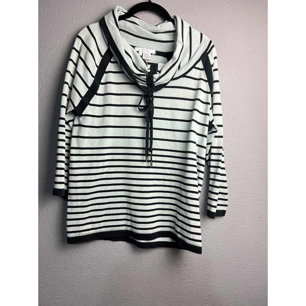 Per se Womens Silk Cotton Striped Cowl Neck Drawstring Sweater Blue Black Size M